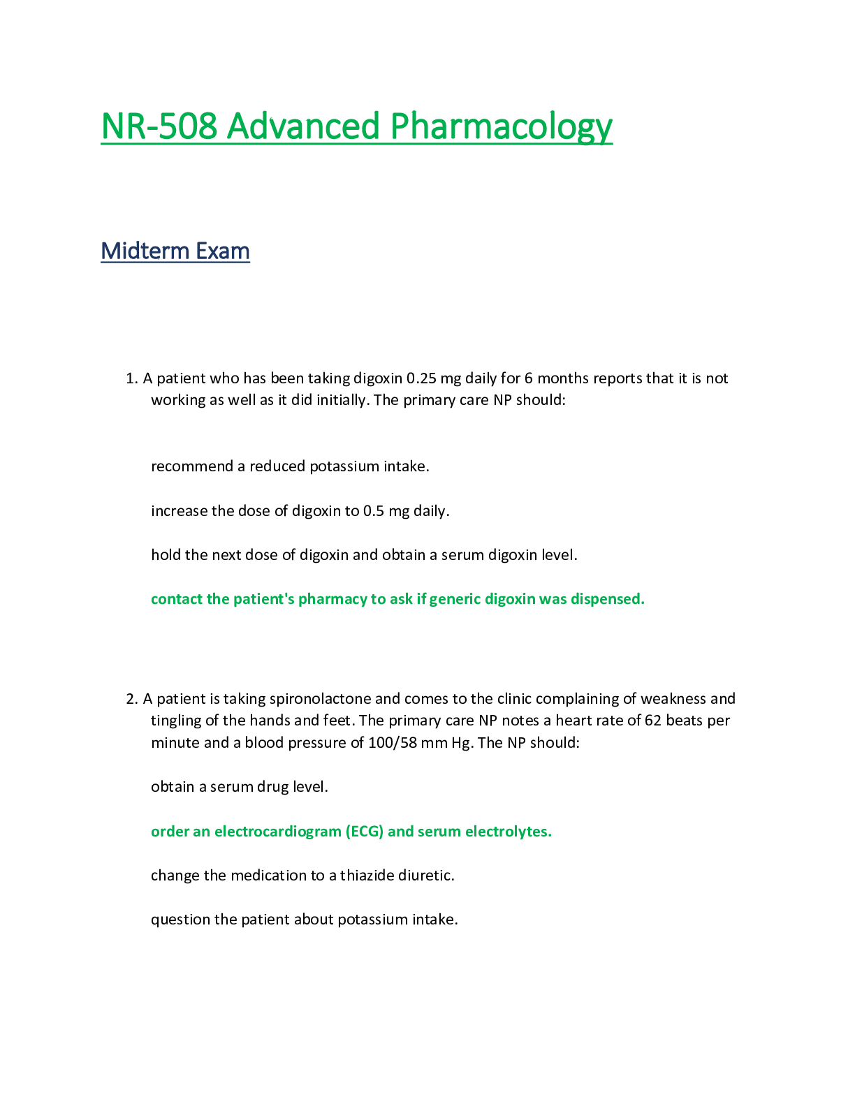 Preview of NR 508 / NR508 Midterm Exam (Latest Update): Advanced Pharmacology - Chamberlain